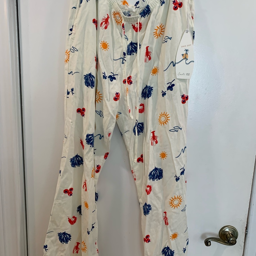 Printed Linen Pull On Pants - White - Picture 6 of 7